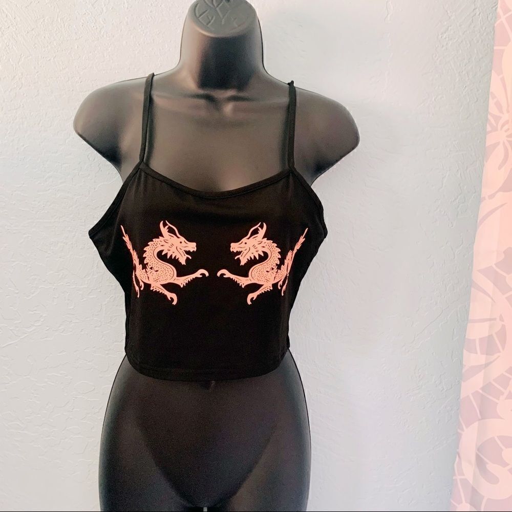 SHEIN Black & Pink Dragon Print Cropped Tank Top Size Small